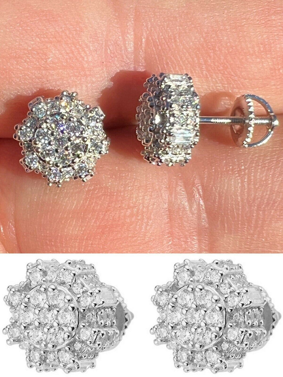 HarlemBling Real Solid 925 Silver Iced CZ Hip Hop Large Earrings Round 3D Bling Mens Studs