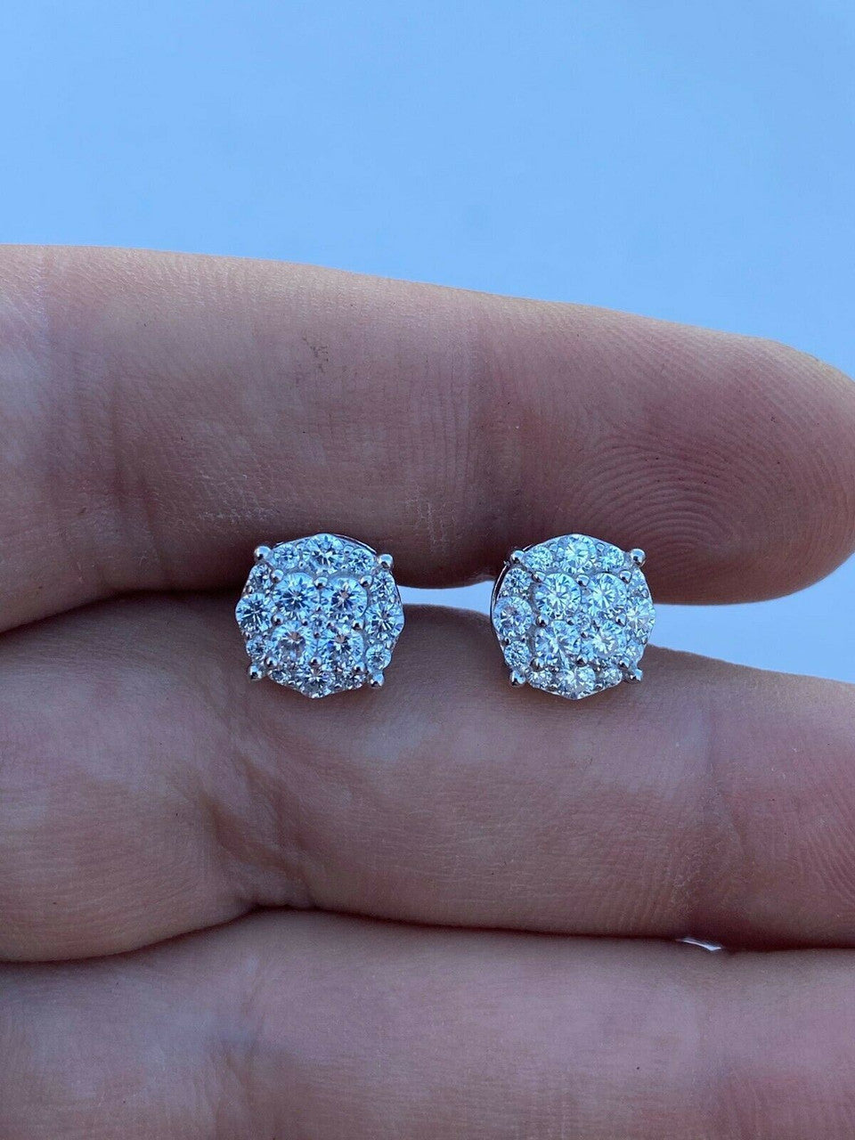 Harlembling 10mm Real Solid 925 Silver Iced CZ Cluster Stud Earrings – Hip Hop Mens
