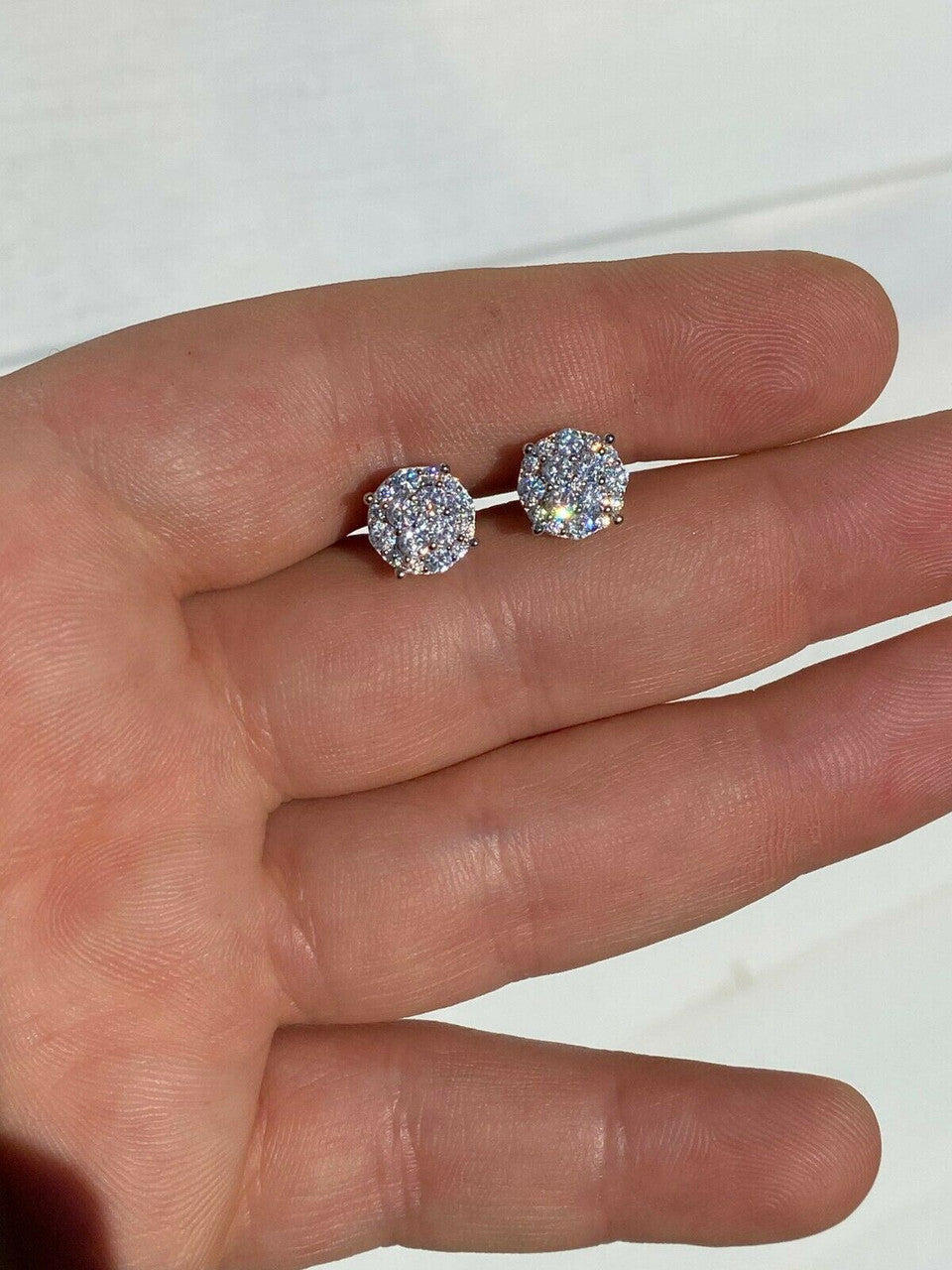 HarlemBling Real Solid 925 Silver Iced CZ Hip Hop Mens Earrings 1/3 Cluster Round Studs