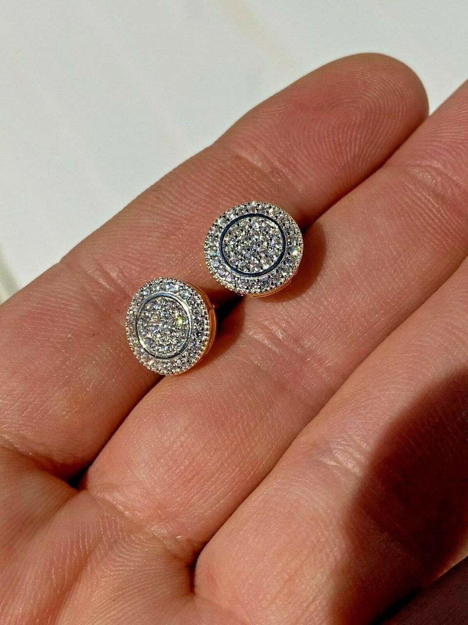 HarlemBling Real Solid 925 Silver Iced CZ Hip Hop Mens Earrings Big Studs 14k Gold Finish