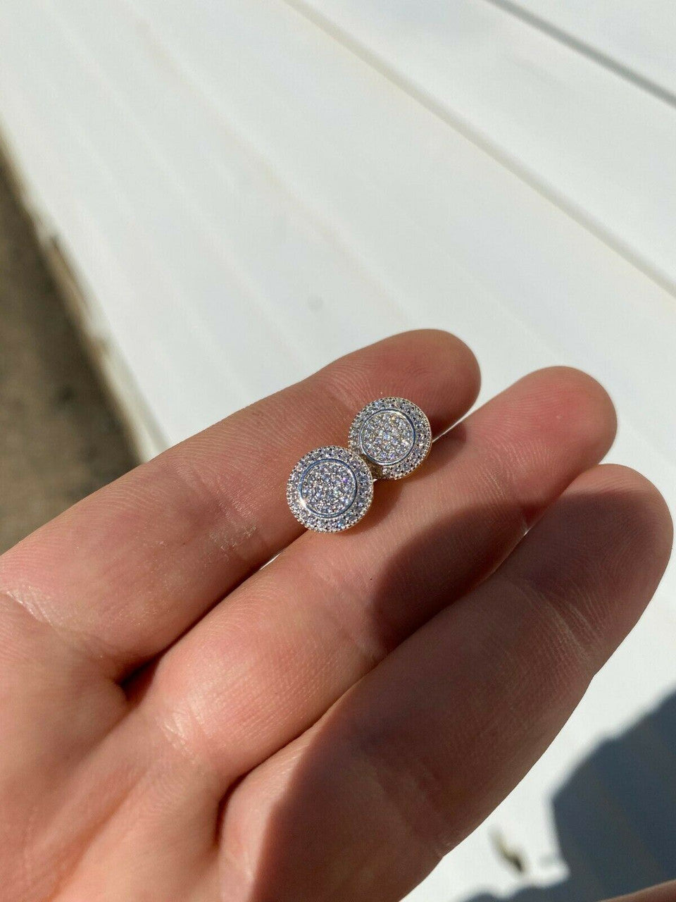 HarlemBling Real Solid 925 Silver Iced CZ Hip Hop Mens Earrings Big Studs 14k Gold Finish