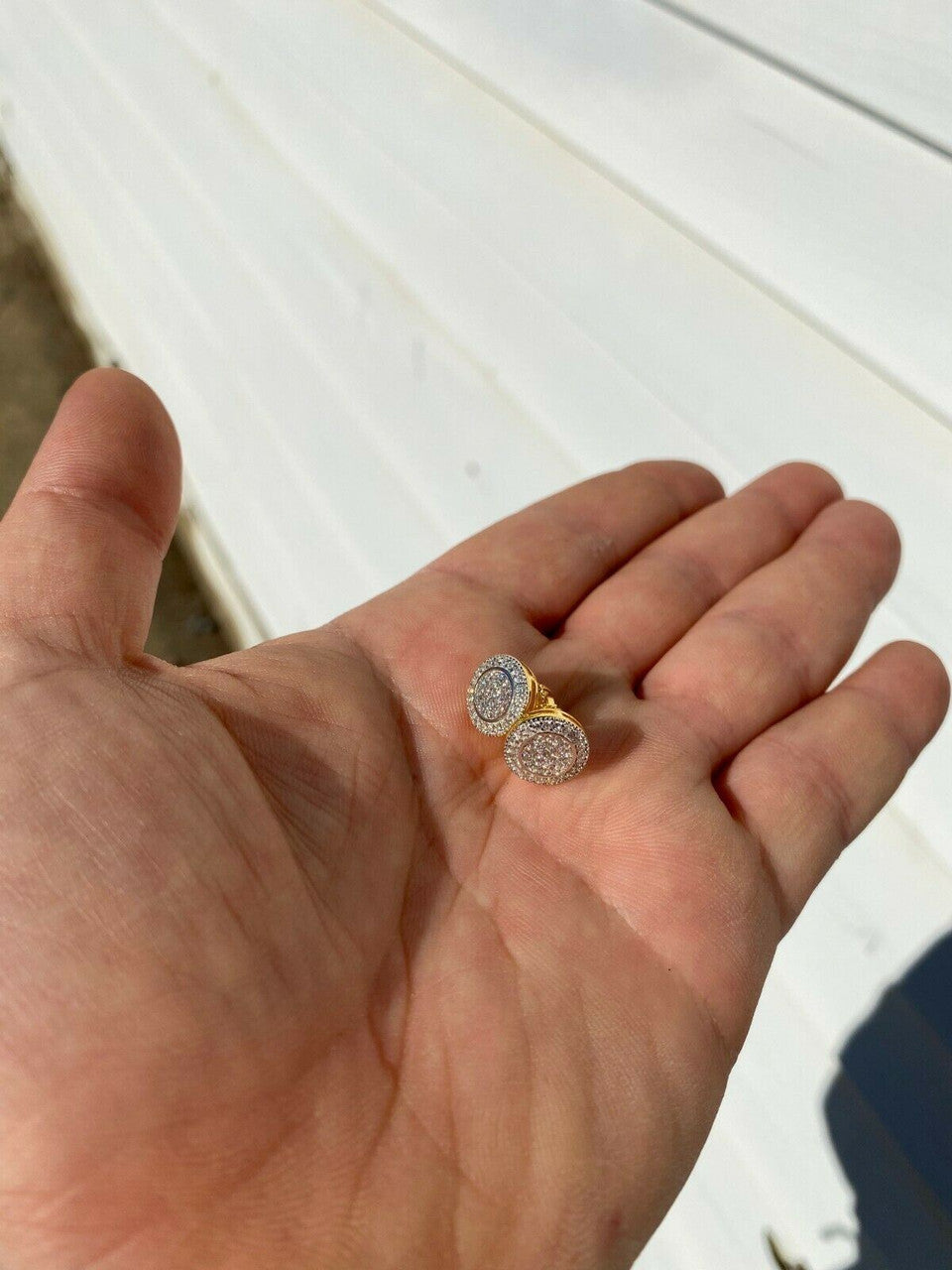 HarlemBling Real Solid 925 Silver Iced CZ Hip Hop Mens Earrings Big Studs 14k Gold Finish