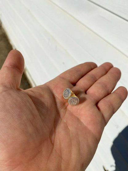 HarlemBling Real Solid 925 Silver Iced CZ Hip Hop Mens Earrings Big Studs 14k Gold Finish