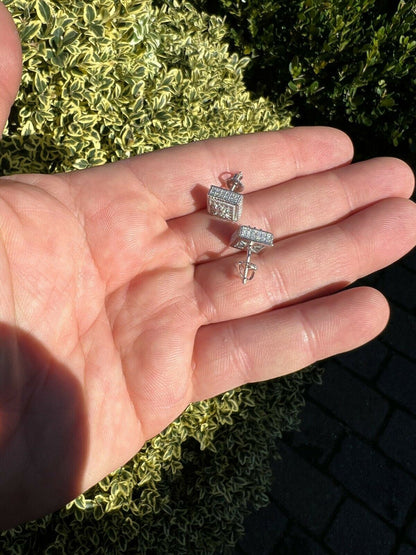HarlemBling Real Solid 925 Silver Iced CZ Hip Hop Mens Earrings Large Square Baguette Studs