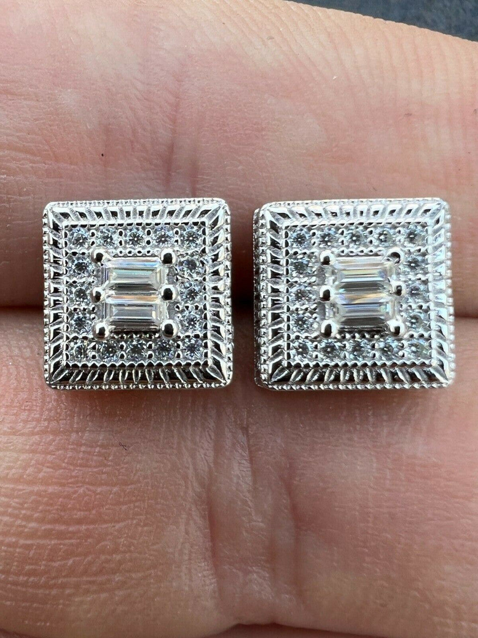 HarlemBling Real Solid 925 Silver Iced CZ Hip Hop Mens Earrings Large Square Baguette Studs