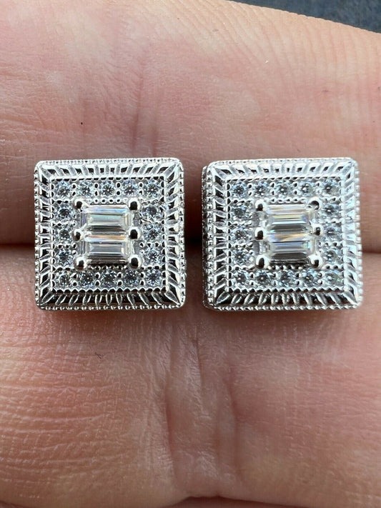 HarlemBling Real Solid 925 Silver Iced CZ Hip Hop Mens Earrings Large Square Baguette Studs