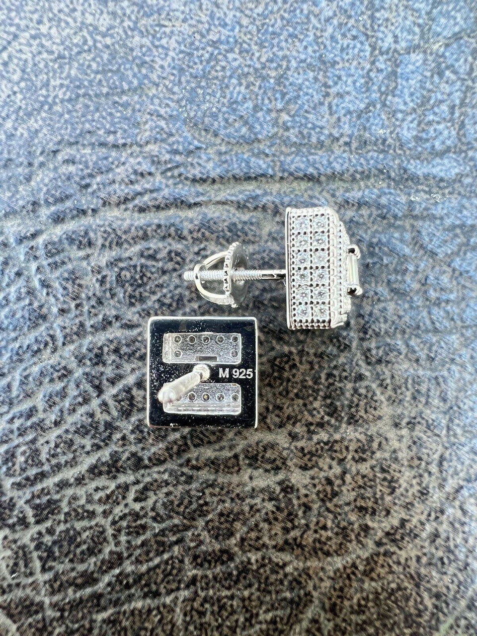 HarlemBling Real Solid 925 Silver Iced CZ Hip Hop Mens Earrings Large Square Baguette Studs