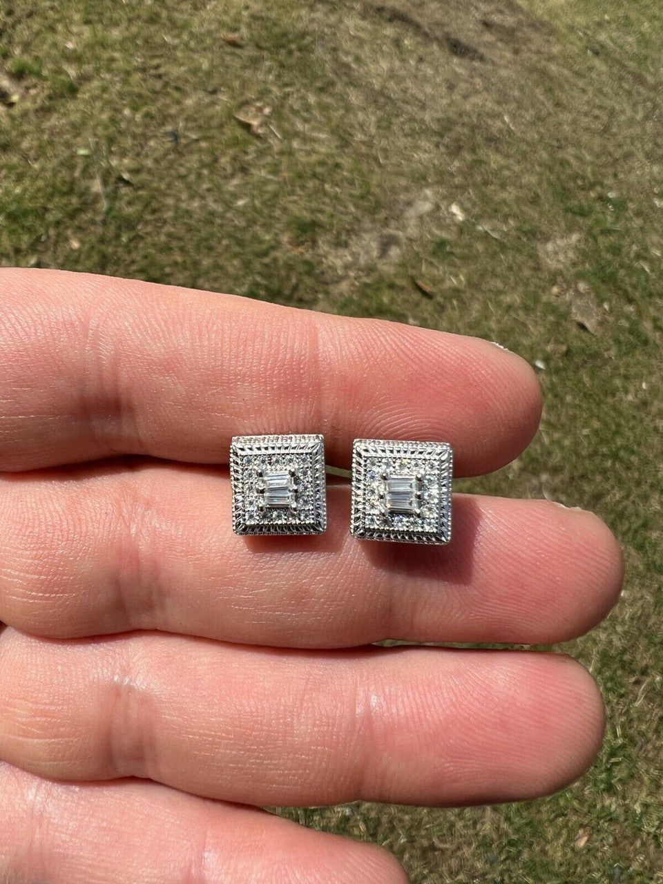 HarlemBling Real Solid 925 Silver Iced CZ Hip Hop Mens Earrings Large Square Baguette Studs