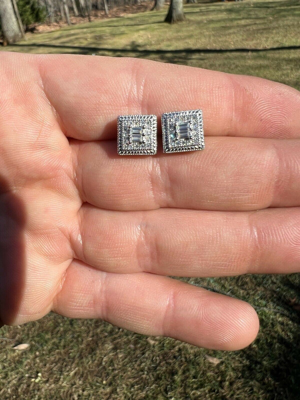 HarlemBling Real Solid 925 Silver Iced CZ Hip Hop Mens Earrings Large Square Baguette Studs