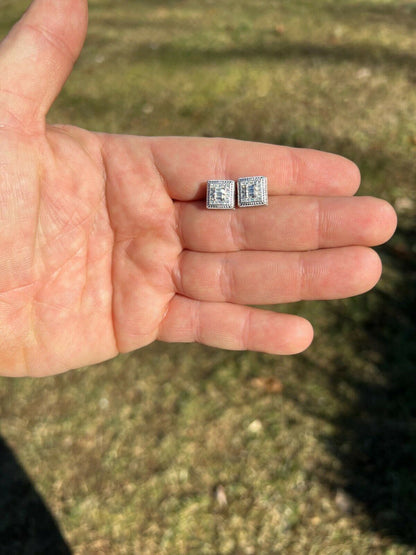 HarlemBling Real Solid 925 Silver Iced CZ Hip Hop Mens Earrings Large Square Baguette Studs