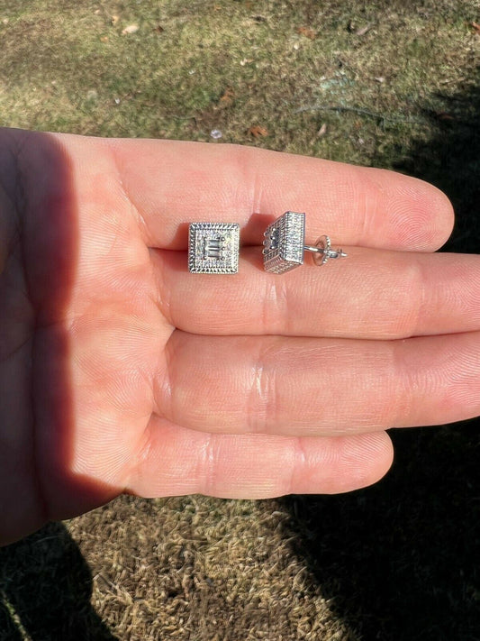 HarlemBling Real Solid 925 Silver Iced CZ Hip Hop Mens Earrings Large Square Baguette Studs
