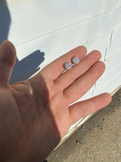 HarlemBling Real Solid 925 Silver Iced CZ Hip Hop Mens Earrings Round Studs 14k Gold Finish