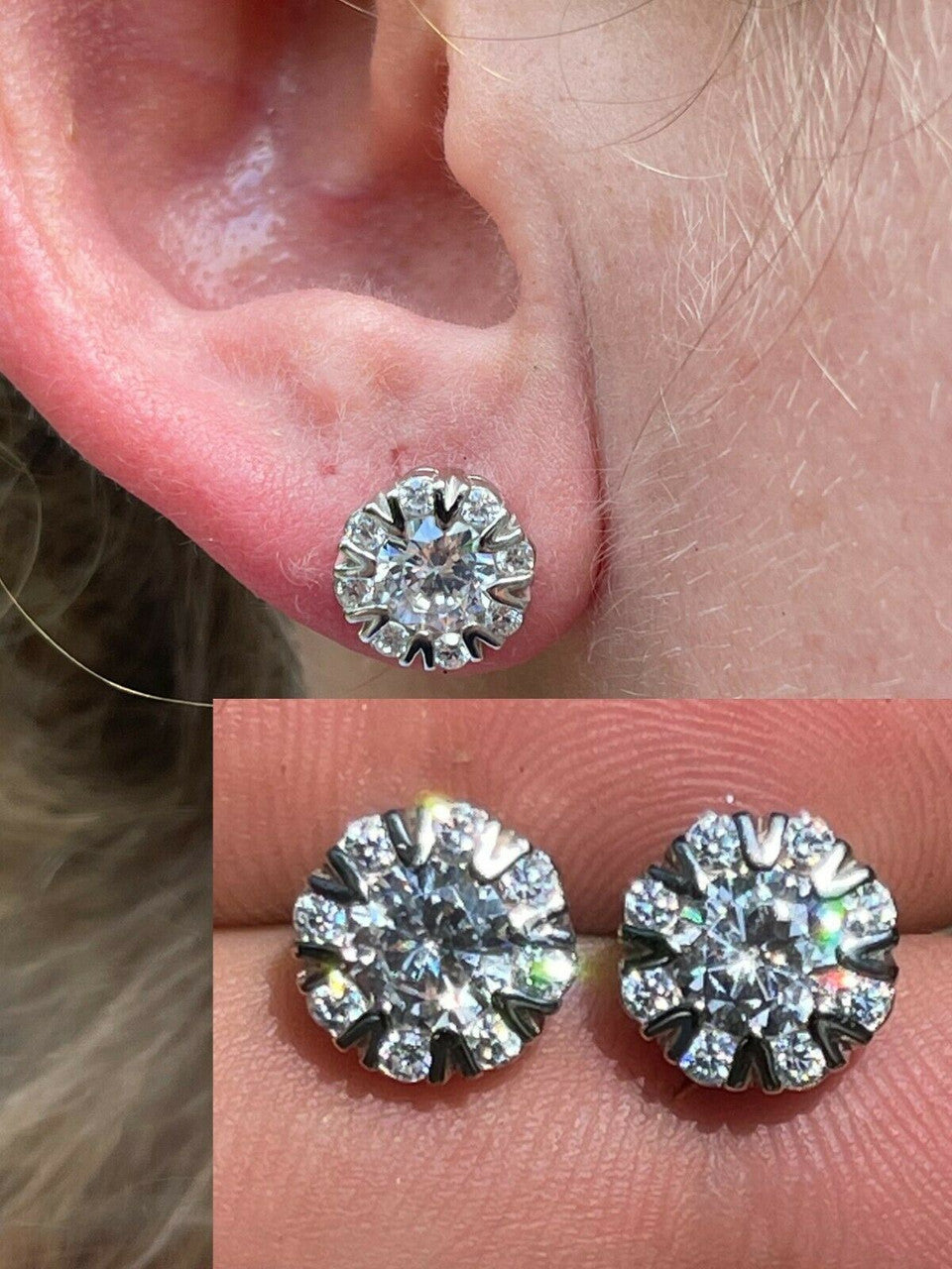 HarlemBling Real Solid 925 Silver Iced CZ Out Hip Hop Earrings Studs Large 10mm Mens Ladies