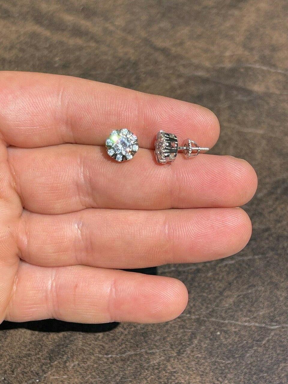 HarlemBling Real Solid 925 Silver Iced CZ Out Hip Hop Earrings Studs Large 10mm Mens Ladies