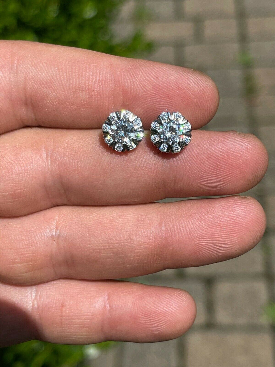 HarlemBling Real Solid 925 Silver Iced CZ Out Hip Hop Earrings Studs Large 10mm Mens Ladies