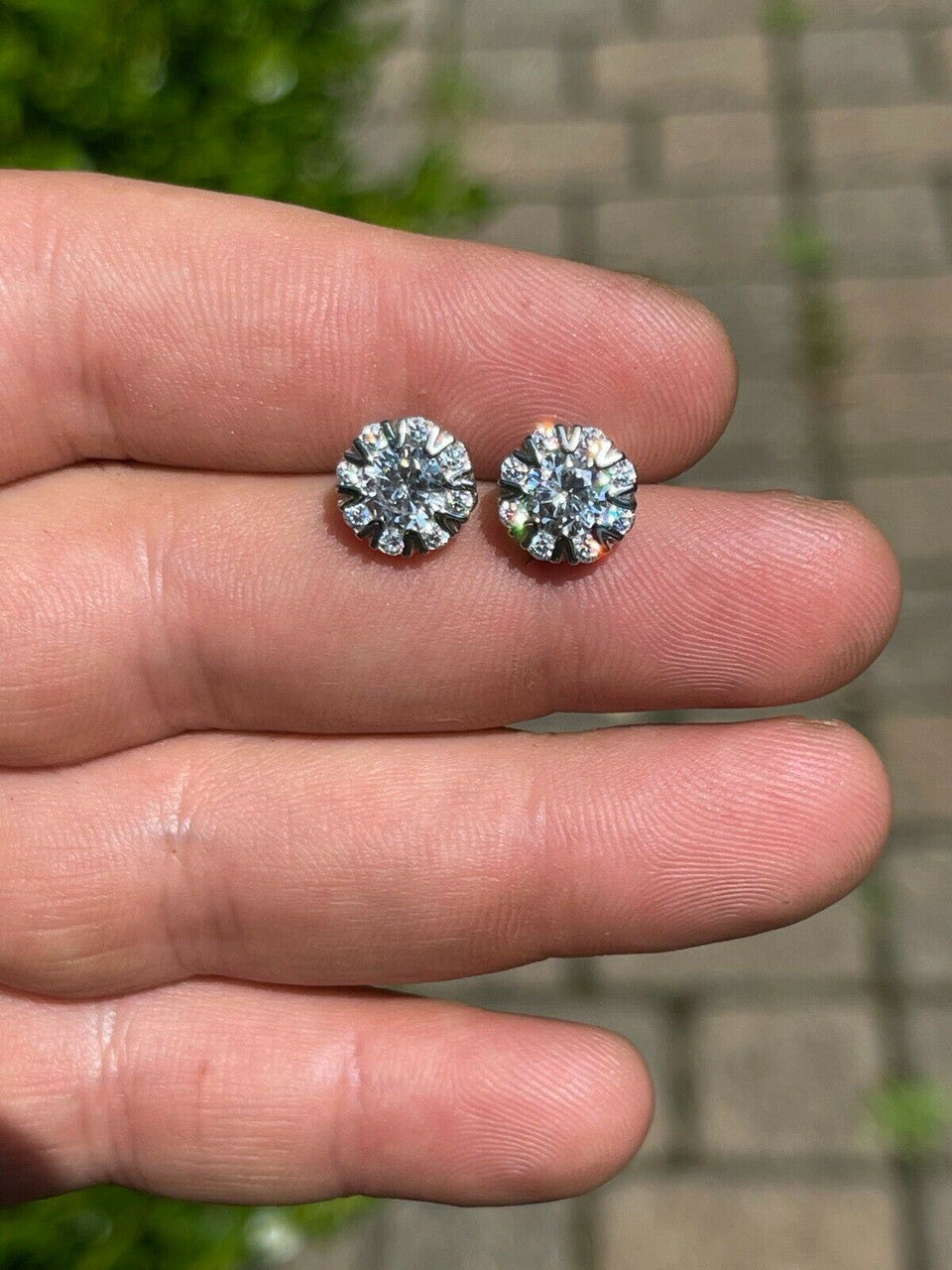 HarlemBling Real Solid 925 Silver Iced CZ Out Hip Hop Earrings Studs Large 10mm Mens Ladies