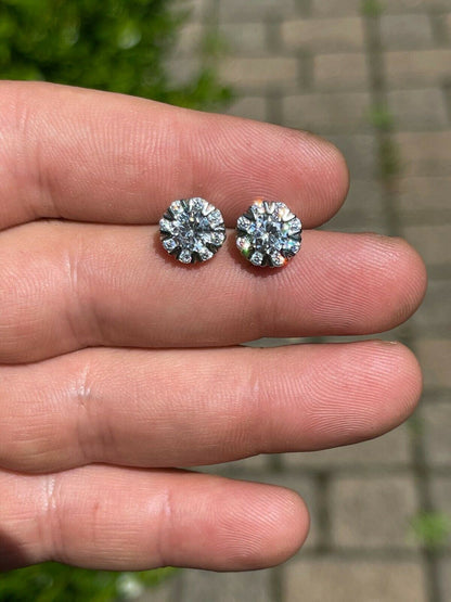 HarlemBling Real Solid 925 Silver Iced CZ Out Hip Hop Earrings Studs Large 10mm Mens Ladies