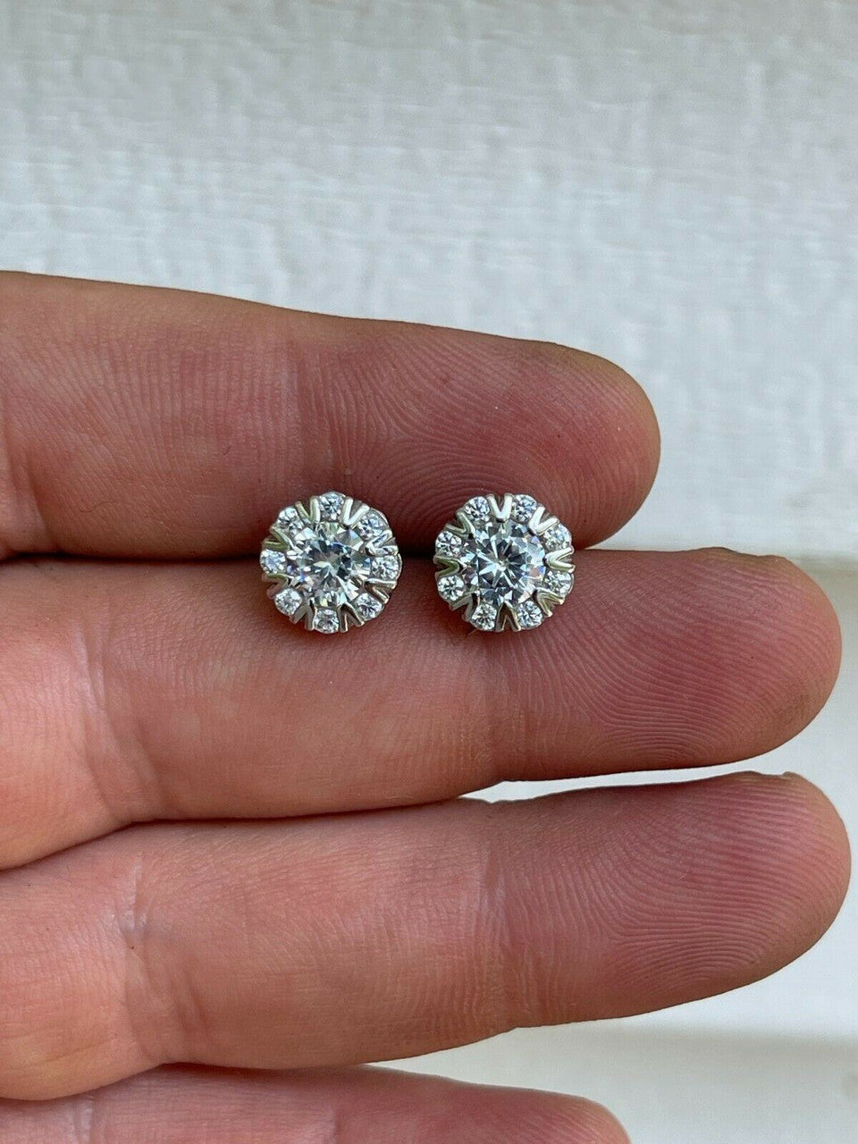 HarlemBling Real Solid 925 Silver Iced CZ Out Hip Hop Earrings Studs Large 10mm Mens Ladies
