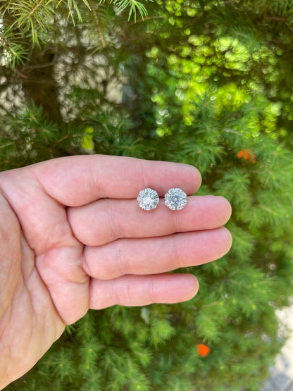 HarlemBling Real Solid 925 Silver Iced CZ Out Hip Hop Earrings Studs Large 10mm Mens Ladies