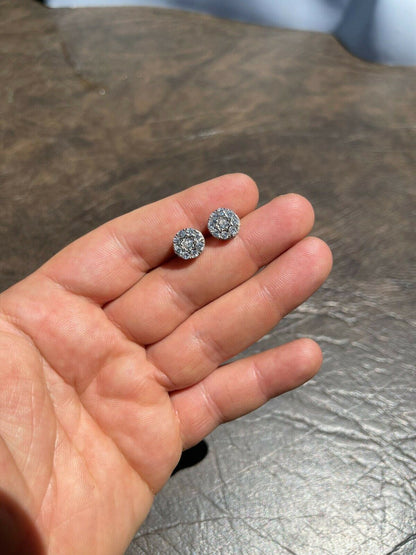 HarlemBling Real Solid 925 Silver Iced CZ Out Hip Hop Mens Earrings 1/3 Cluster Round Studs