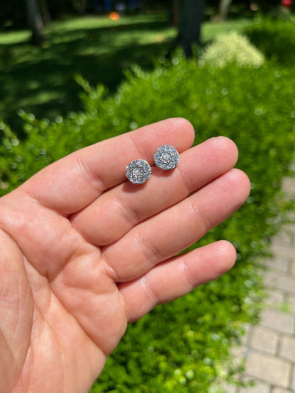 HarlemBling Real Solid 925 Silver Iced CZ Out Hip Hop Mens Earrings 1/3 Cluster Round Studs