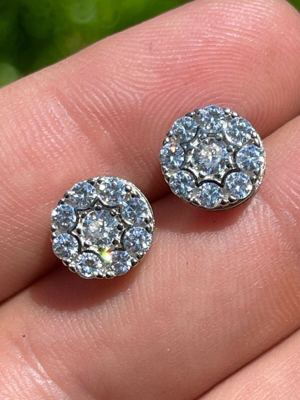 HarlemBling Real Solid 925 Silver Iced CZ Out Hip Hop Mens Earrings 1/3 Cluster Round Studs