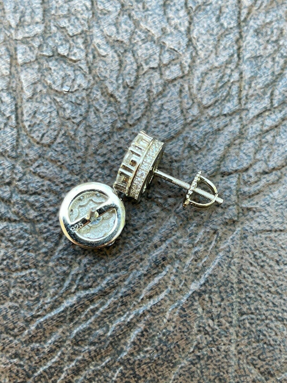 HarlemBling Real Solid 925 Silver Iced CZ Out Hip Hop Mens Earrings 1/3 Cluster Round Studs