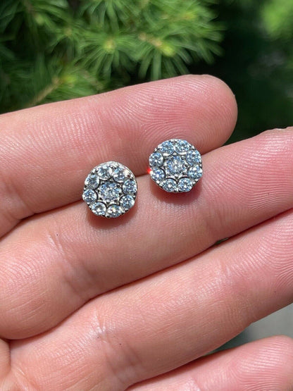 HarlemBling Real Solid 925 Silver Iced CZ Out Hip Hop Mens Earrings 1/3 Cluster Round Studs