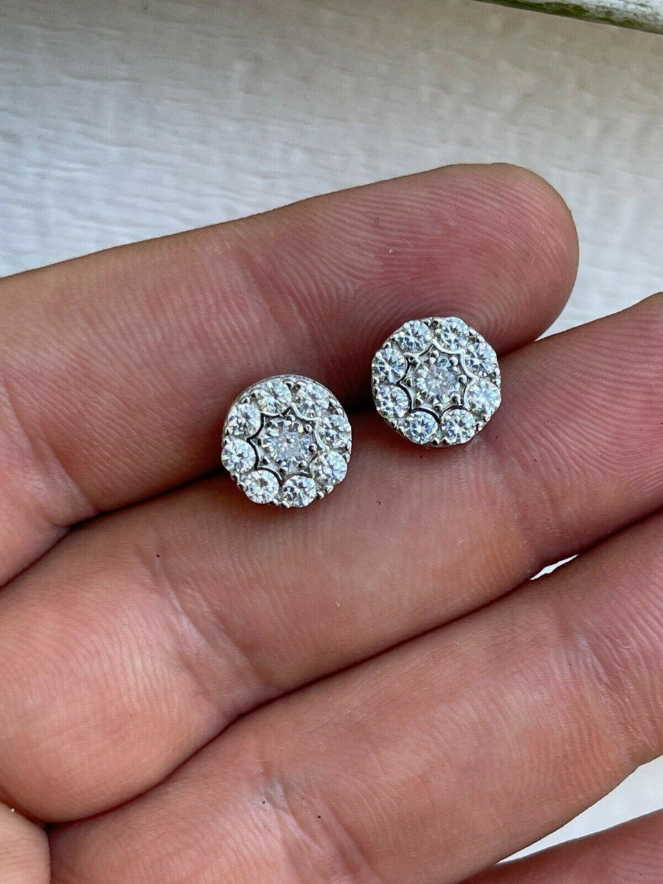 HarlemBling Real Solid 925 Silver Iced CZ Out Hip Hop Mens Earrings 1/3 Cluster Round Studs