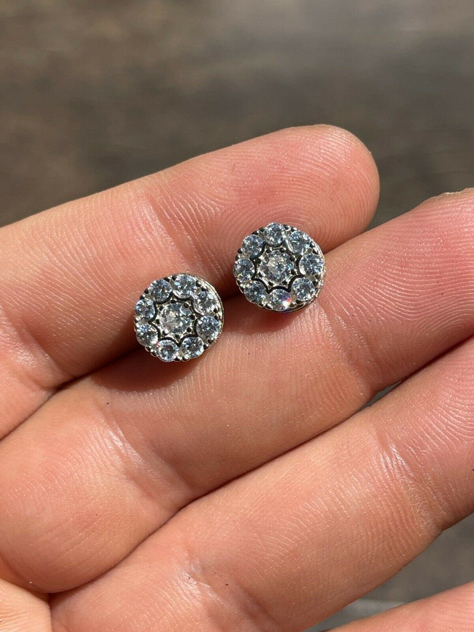 HarlemBling Real Solid 925 Silver Iced CZ Out Hip Hop Mens Earrings 1/3 Cluster Round Studs