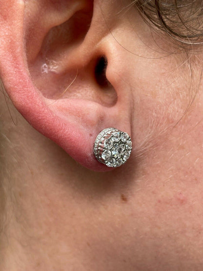 HarlemBling Real Solid 925 Silver Iced CZ Out Hip Hop Mens Earrings 1/3 Cluster Round Studs