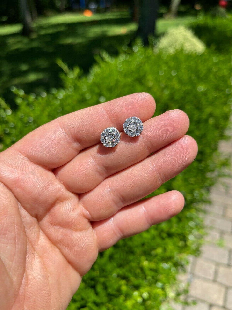 HarlemBling Real Solid 925 Silver Iced CZ Out Hip Hop Mens Earrings 1/3 Cluster Round Studs