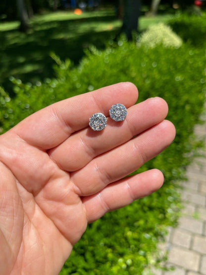 HarlemBling Real Solid 925 Silver Iced CZ Out Hip Hop Mens Earrings 1/3 Cluster Round Studs