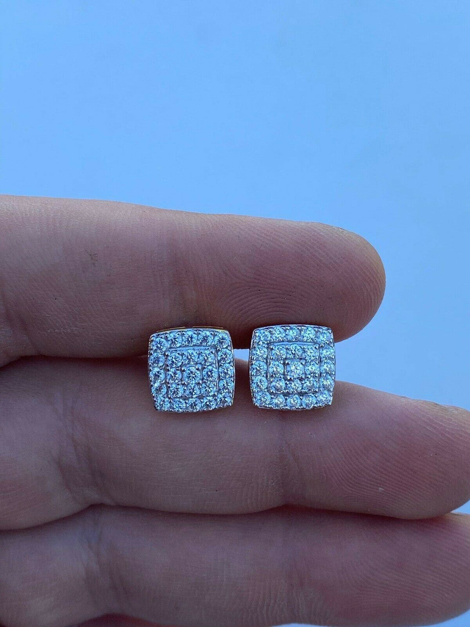 HarlemBling Real Solid 925 Silver Iced Diamond Earrings Screw Back 14k Gold Finish Square