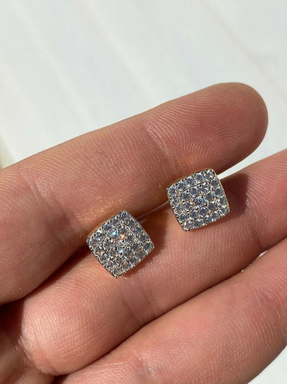 HarlemBling Real Solid 925 Silver Iced Diamond Earrings Screw Back 14k Gold Finish Square