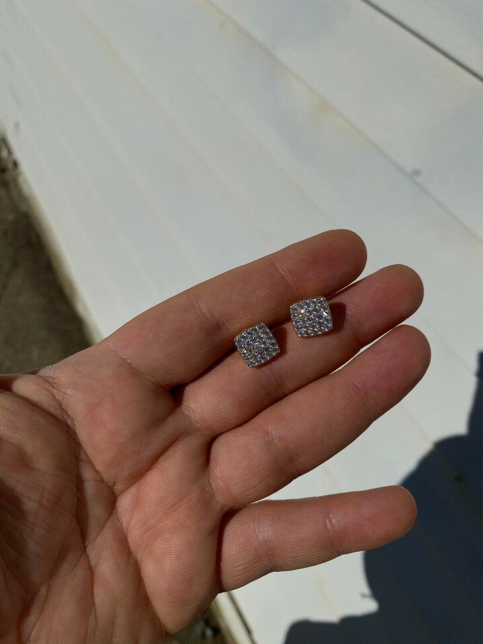 HarlemBling Real Solid 925 Silver Iced Diamond Earrings Screw Back 14k Gold Finish Square