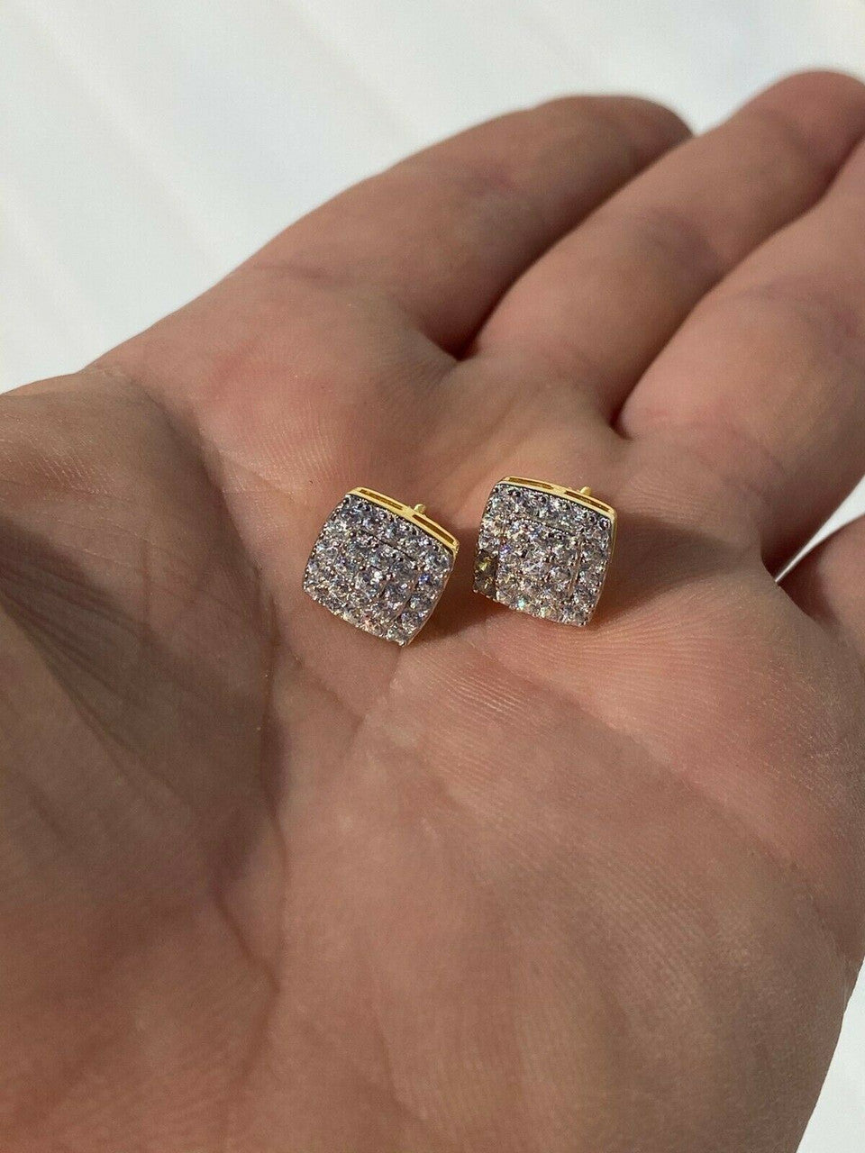 HarlemBling Real Solid 925 Silver Iced Diamond Earrings Screw Back 14k Gold Finish Square