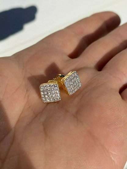 HarlemBling Real Solid 925 Silver Iced Diamond Earrings Screw Back Gold Finish Square 1/3