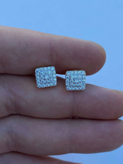 HarlemBling Real Solid 925 Silver Iced Diamond Earrings Screw Back Gold Finish Square 1/3