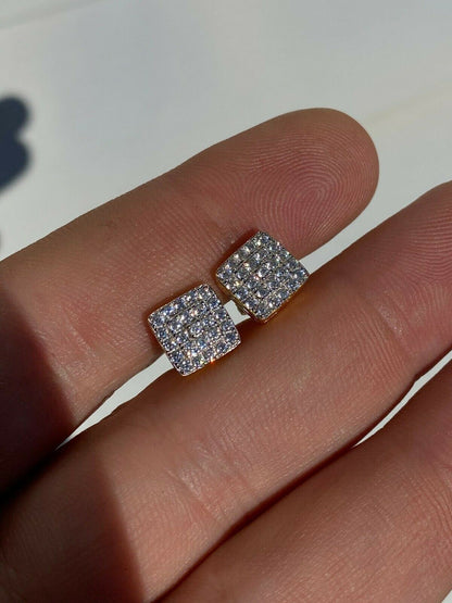 HarlemBling Real Solid 925 Silver Iced Diamond Earrings Screw Back Gold Finish Square 1/3