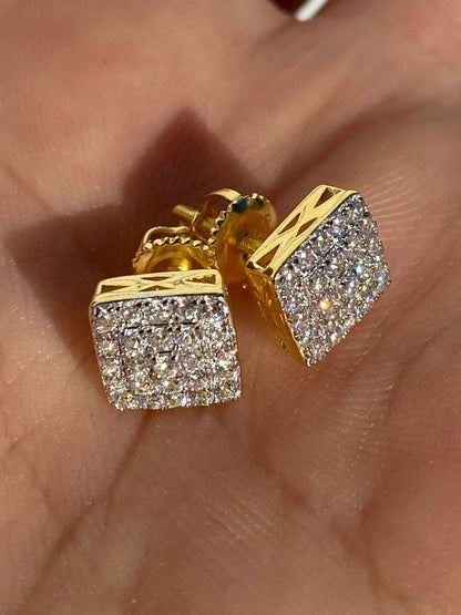 HarlemBling Real Solid 925 Silver Iced Diamond Earrings Screw Back Gold Finish Square 1/3