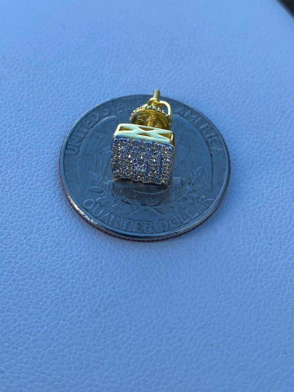 HarlemBling Real Solid 925 Silver Iced Diamond Earrings Screw Back Gold Finish Square 1/3