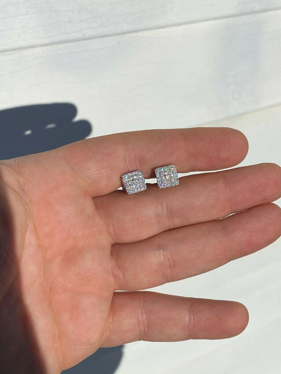 HarlemBling Real Solid 925 Silver Iced Diamond Earrings Screw Back Mens Square 1/3 Hip Hop