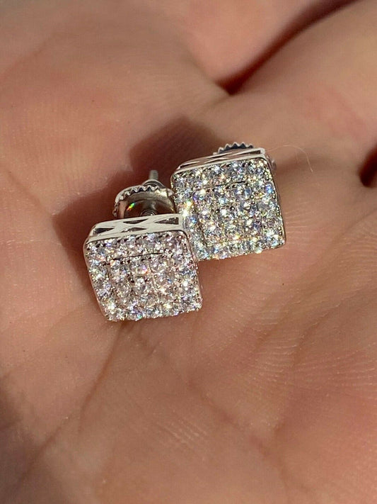 HarlemBling Real Solid 925 Silver Iced Diamond Earrings Screw Back Mens Square 1/3 Hip Hop