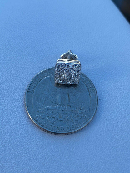 HarlemBling Real Solid 925 Silver Iced Diamond Earrings Screw Back Mens Square 1/3 Hip Hop