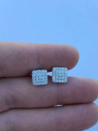 HarlemBling Real Solid 925 Silver Iced Diamond Earrings Screw Back Mens Square 1/3 Hip Hop