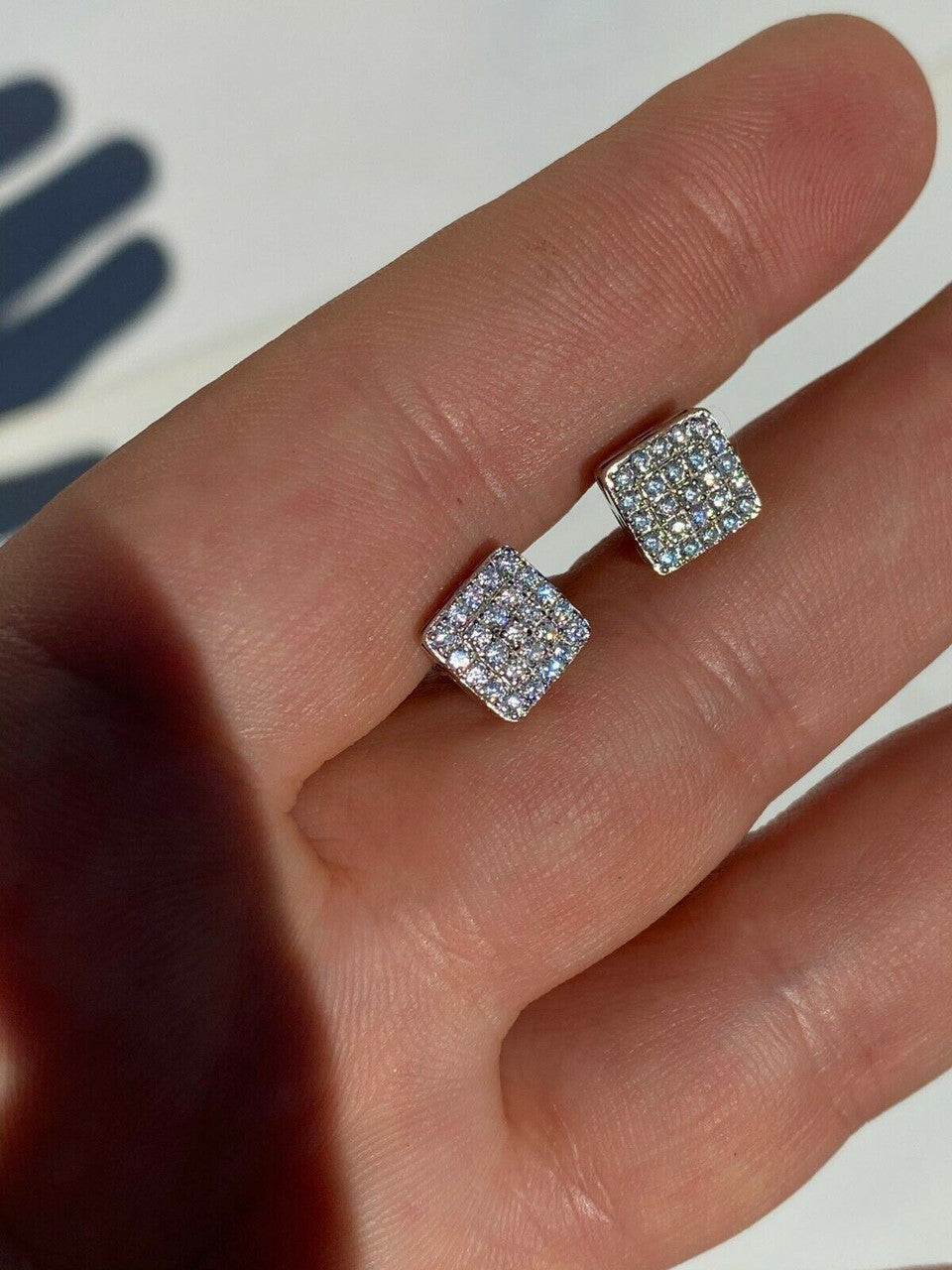 HarlemBling Real Solid 925 Silver Iced Diamond Earrings Screw Back Mens Square 1/3 Hip Hop