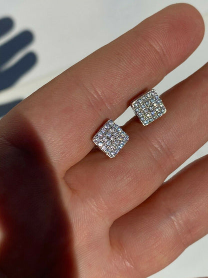 HarlemBling Real Solid 925 Silver Iced Diamond Earrings Screw Back Mens Square 1/3 Hip Hop