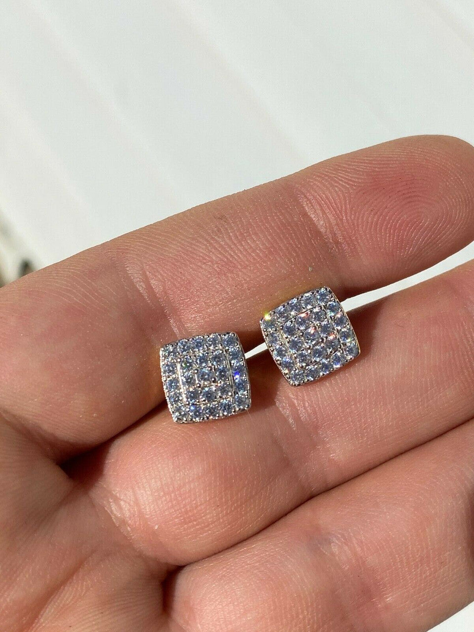 HarlemBling Real Solid 925 Silver Iced Diamond Mens Screw Back Earrings