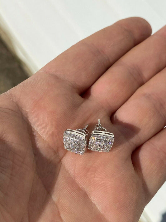 HarlemBling Real Solid 925 Silver Iced Diamond Mens Screw Back Earrings